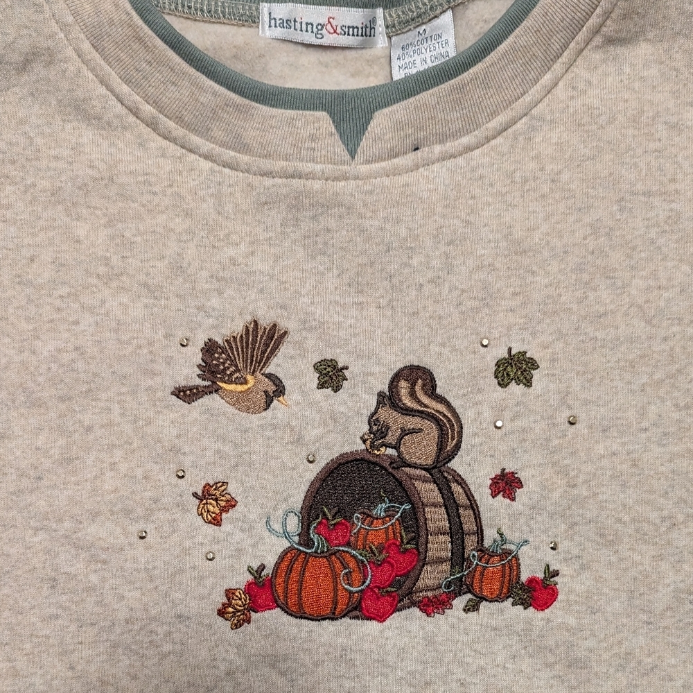 Embroidered Fall Double Collar Crewneck Sweater Women's Medium Grannie Core - Picture 2 of 4